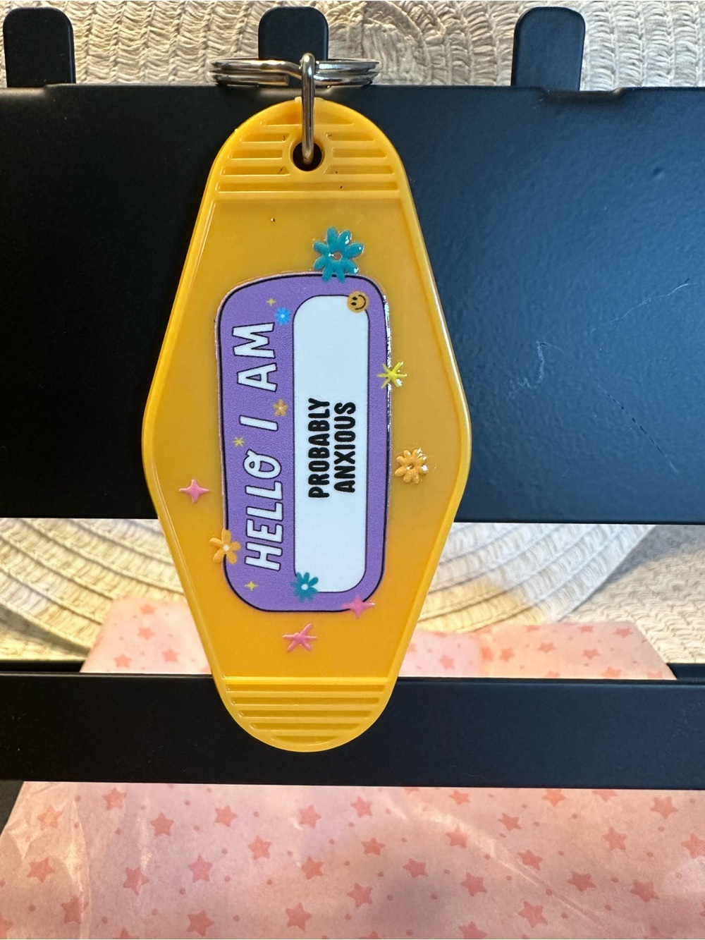 Yellow 'Hello I Am' Keychain Tag - "Probably Anxious"